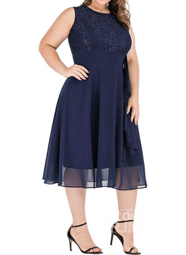 Dark Blue Plus Size Solid Round Neckline Casual Midi X-line Dress Plus Dress