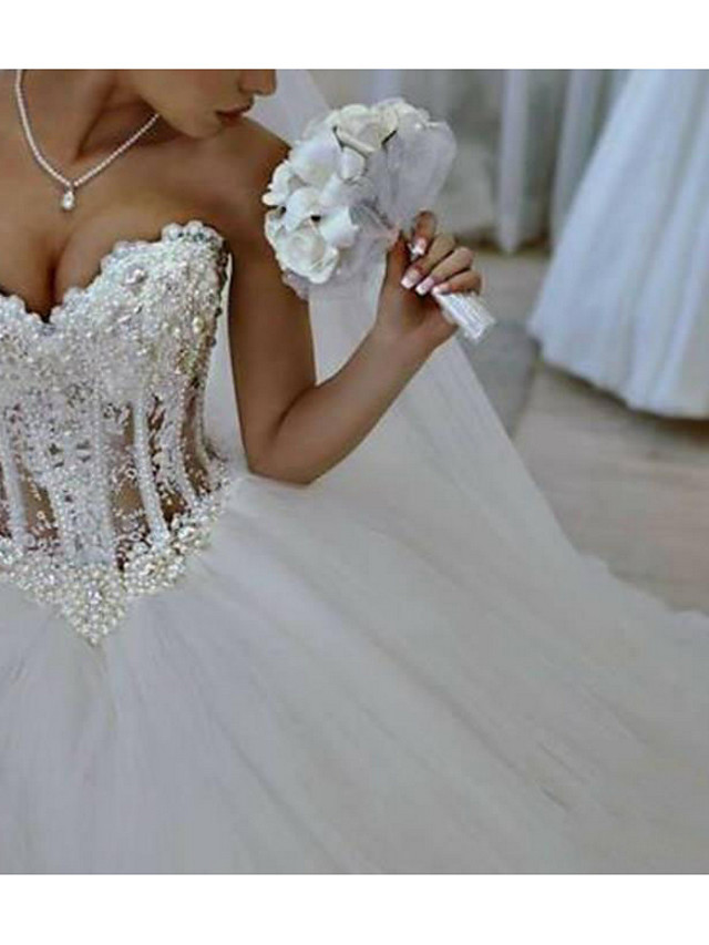 Long Ball Gown Sweetheart  Floor Length Lace Tulle Sleeveless Wedding Dresses