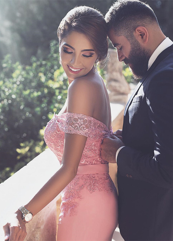Chic Long A-Line Off-the-Shoulder Lace Prom Dresses