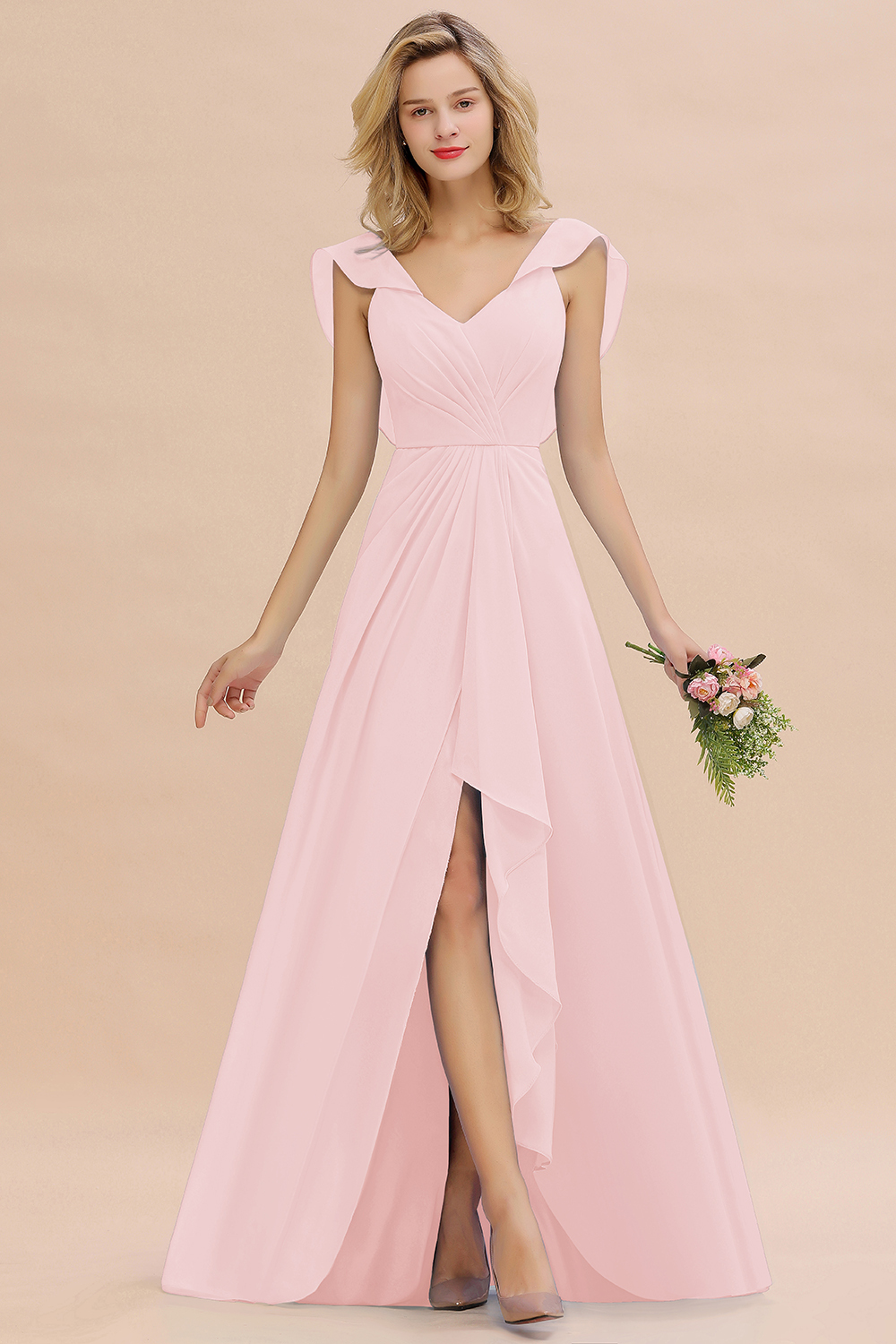 BM0777 Simple Hi-Lo V-Neck Ruffles Long Bridesmaid Dress