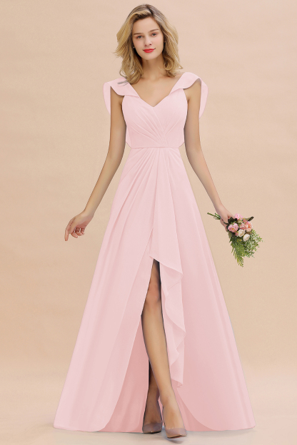 BM0777 Simple Hi-Lo V-Neck Ruffles Long Bridesmaid Dress