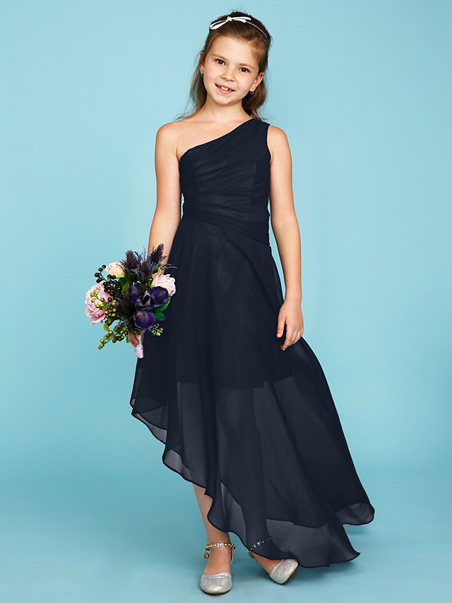 A-Line One Shoulder Asymmetrical Chiffon Junior Bridesmaid Dress With Side Draping / Wedding Party