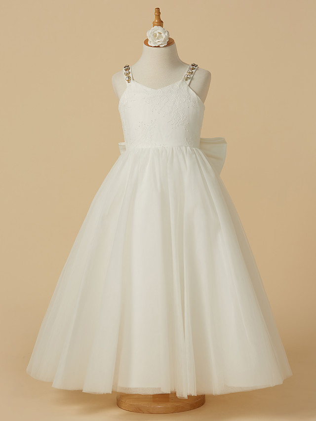 A-Line Ankle Length Wedding / First Communion Flower Girl Dresses - Lace / Tulle Sleeveless Straps With Bow(S) / Beading