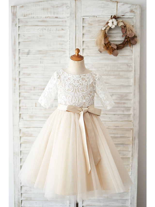 Ball Gown Knee Length Wedding / Birthday Flower Girl Dresses - Lace / Tulle Half Sleeve Jewel Neck With Belt / Buttons