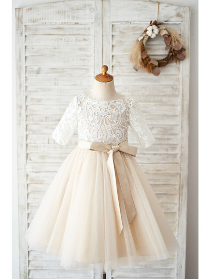 Ball Gown Knee Length Wedding / Birthday Flower Girl Dresses - Lace / Tulle Half Sleeve Jewel Neck With Belt / Buttons