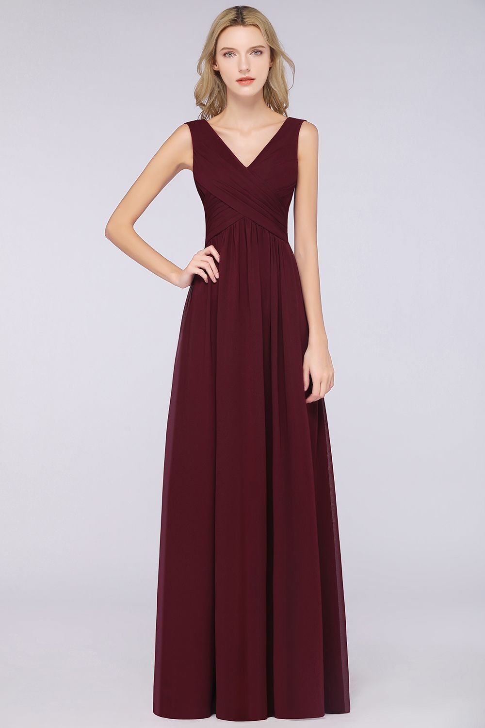 A-Line Chiffon Straps V-Neck Sleeveless Floor-Length Bridesmaid Dress with Ruffles
