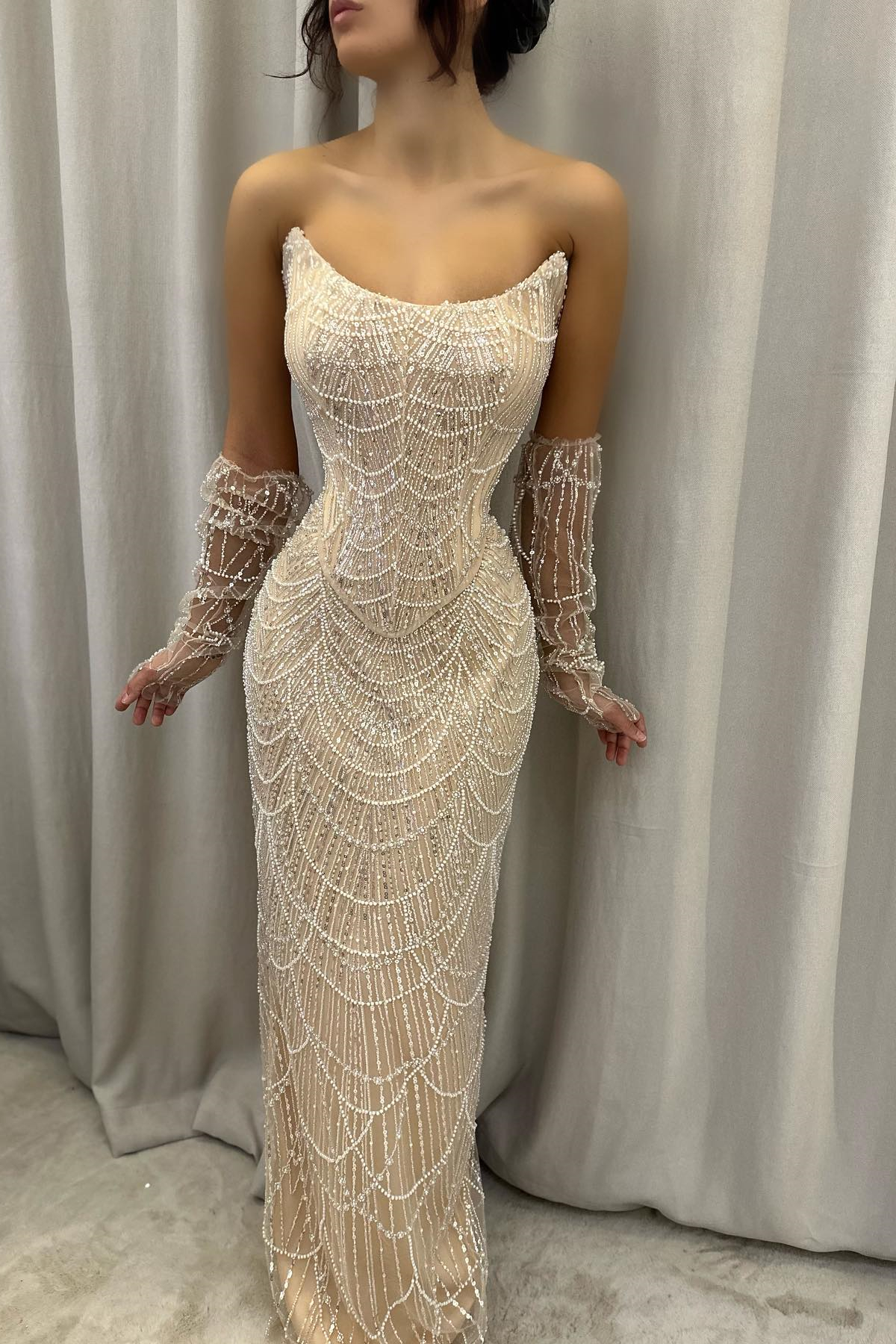 Long Gloves Strapless Mermaid Prom Dress with Beads and Beading
