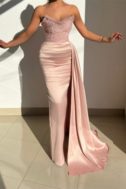 Charming Long Mermaid Strapless Ruffles Sequined Satin Prom Dress