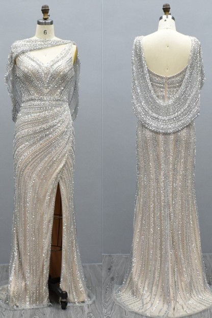 Elegant Long Mermaid V-neck Glitter Formal Prom Dresses with Slit
