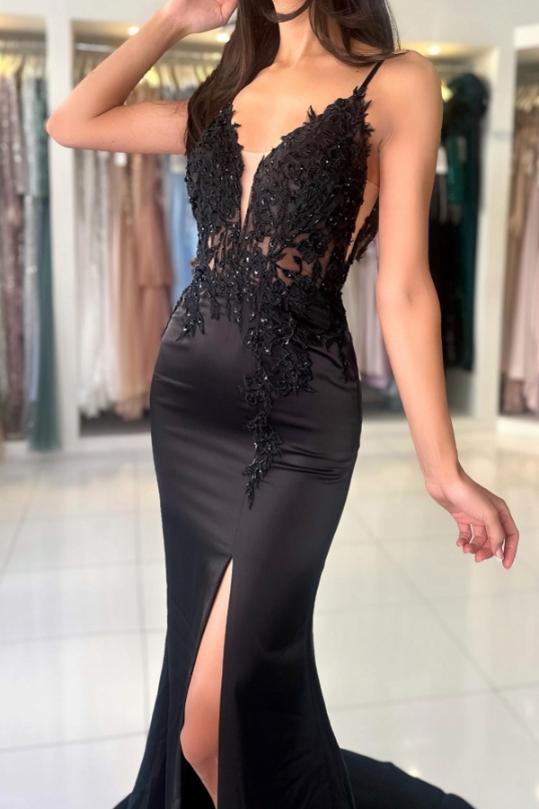 Black Long Mermaid V-neck Backless Satin Lace Formal Prom Dresses with Slit