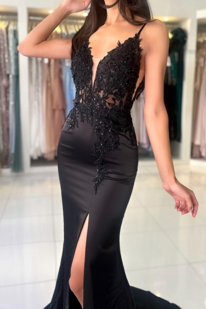 Black Long Mermaid V-neck Backless Satin Lace Formal Prom Dresses with Slit