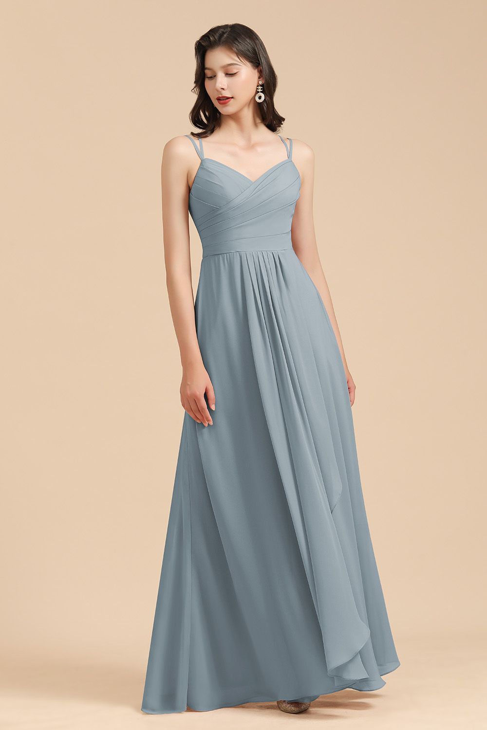 Long A-line V-Neck Chiffon Bridesmaid Dress Dusty Blue Wedding Guest Dress