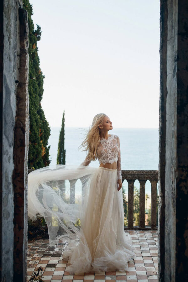 Long Sleeve A-line Lace Tulle Two Piece Wedding Dress