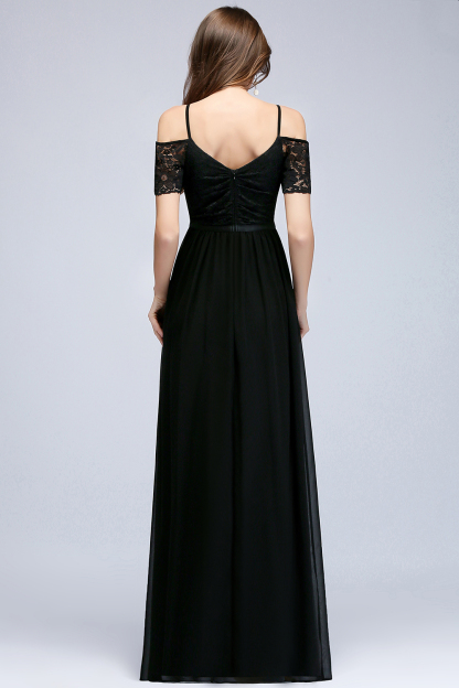 A-line Chiffon Lace V-Neck Off-the-shoulder Sleeveless Floor-Length Bridesmaid Dresses