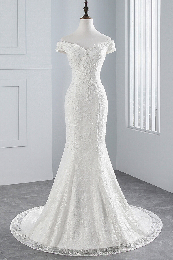 Long Off the Shoulder Lace-up Mermaid Lace Wedding Dress
