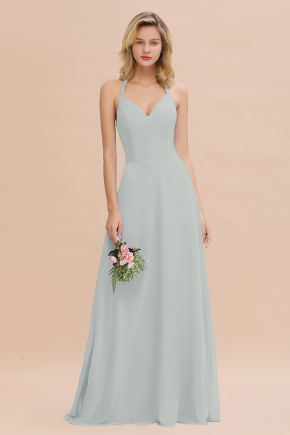 Stylish Chiffon Spaghetti Straps Sleeveless Long Bridesmaid Dress