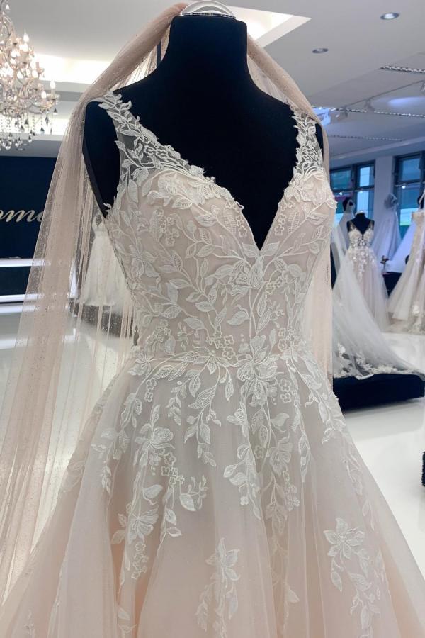 Elegant Long A-line V-neck Tulle Lace Backless Wedding Dresses