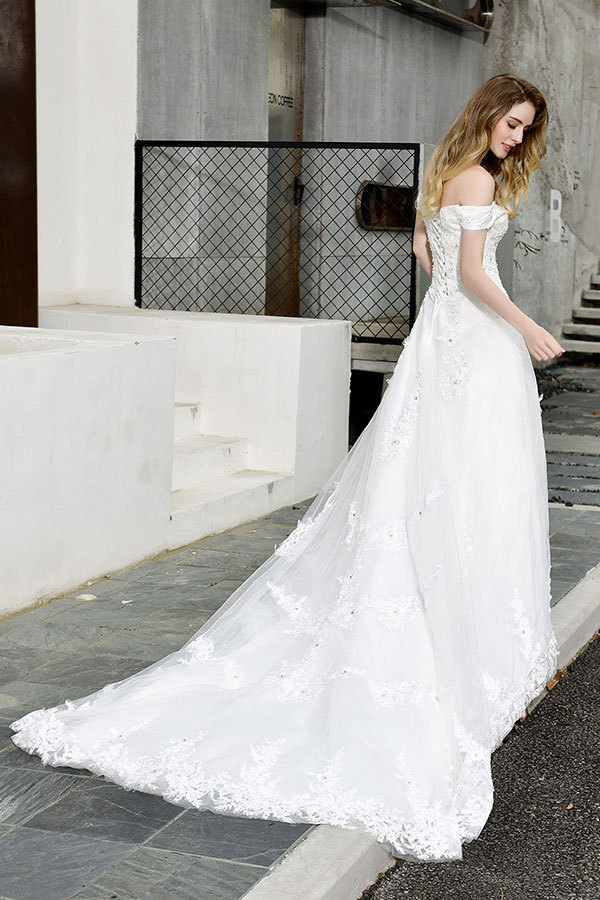 Gorgeous Long A-Line Lace Off Shoulder Satin Wedding Dress