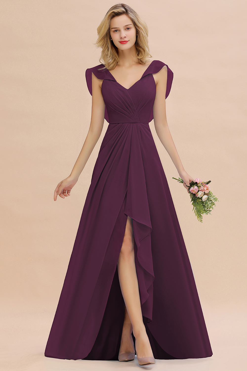 BM0777 Simple Hi-Lo V-Neck Ruffles Long Bridesmaid Dress