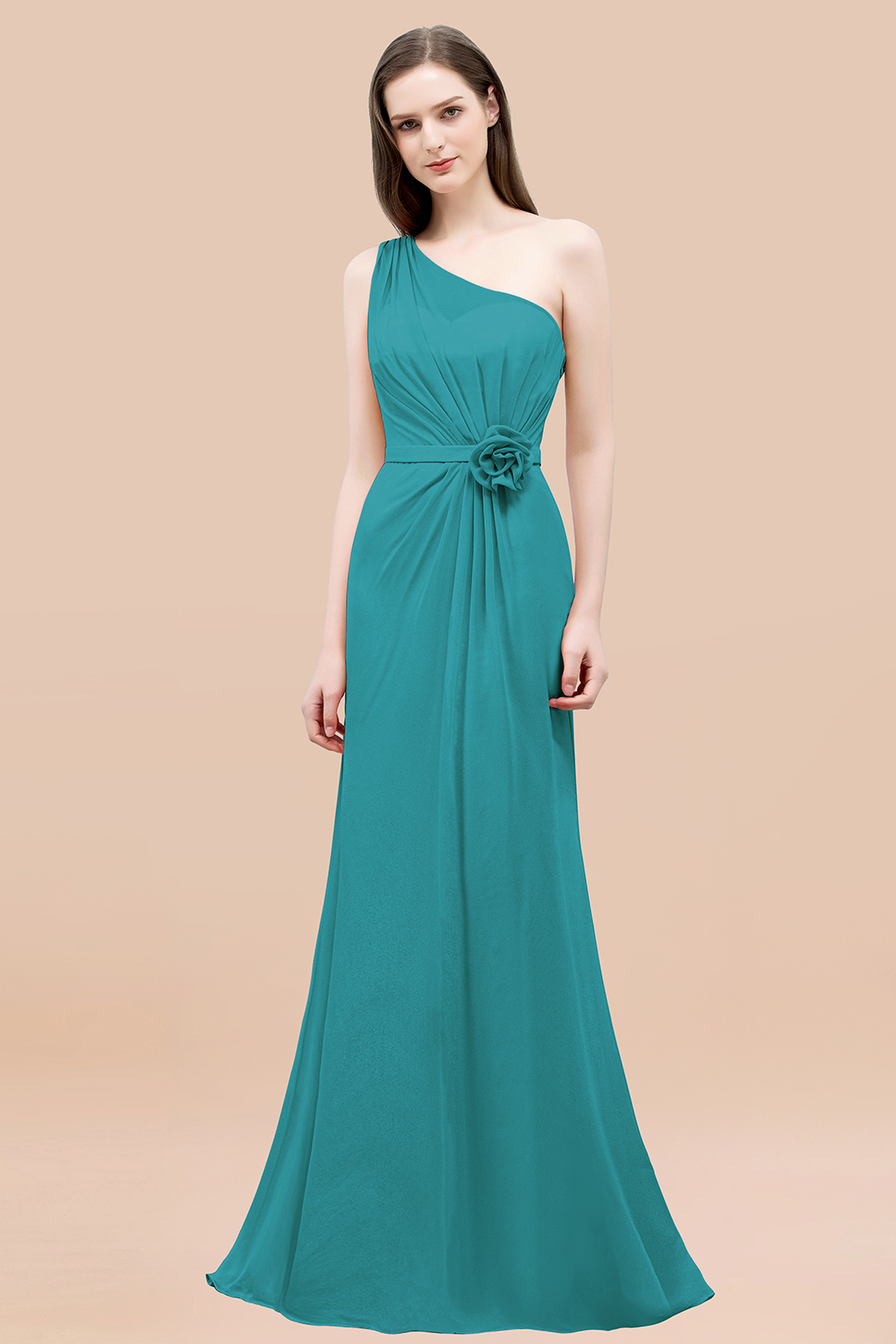Mermaid Chiffon One-shoulder Sleeveless Ruffled Floor-Length Bridesmaid Dresses with Flower