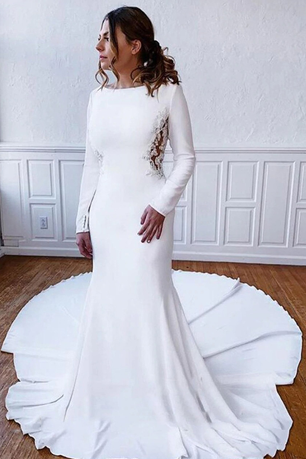 Simple Long Mermaid Satin Lace Back Wedding Dresses with Sleeves