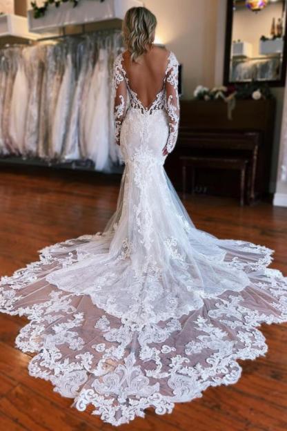 Long Mermaid Sweetheart Tulle Lace Long Sleeves Wedding Dress With Appliques