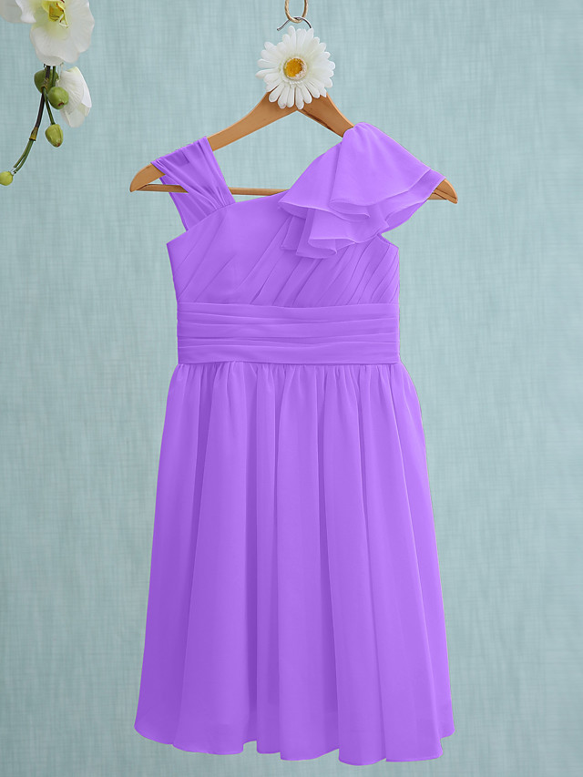 Sheath / Column Straps Knee Length Chiffon Junior Bridesmaid Dress With Ruffles / Side Draping / Natural