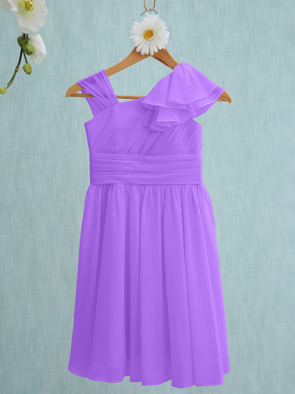 Sheath / Column Straps Knee Length Chiffon Junior Bridesmaid Dress With Ruffles / Side Draping / Natural