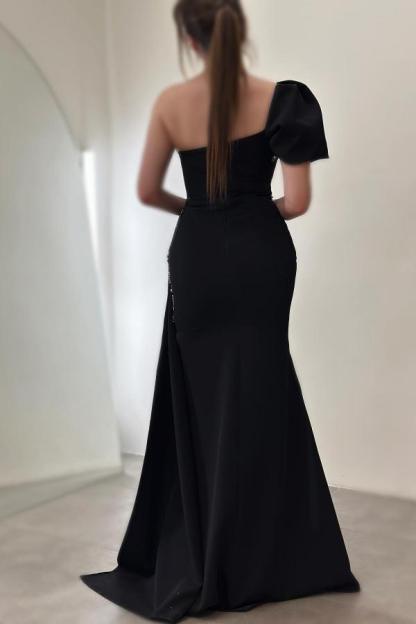 Black Long Mermaid One Shoulder Floor-Length Split Front Satin Prom Dresses