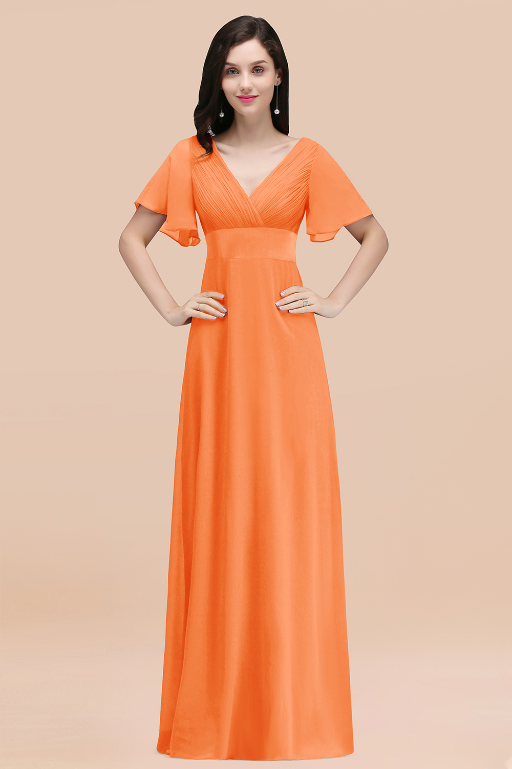 Simple A-Line Chiffon V-Neck Short-Sleeves Ruffles Floor-Length Bridesmaid Dresses