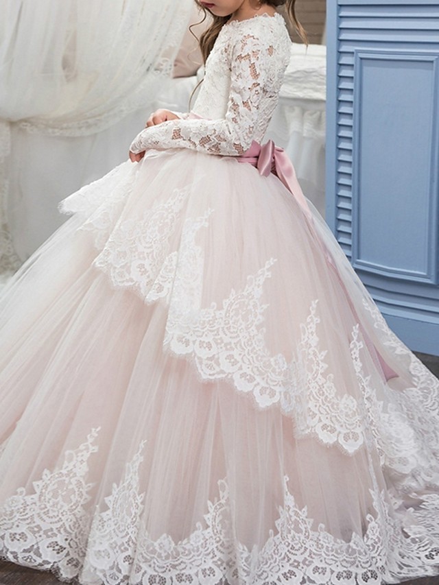 Long Ball Gown Tulle Lace Floor Length Flower Girl Dresses with Sleeves