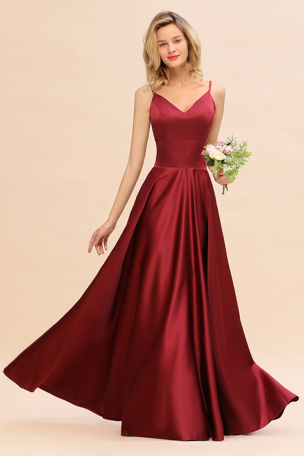 Stunning Spaghetti Straps A-Line V-neck Floor-length Ruched Satin Bridesmaid Dress