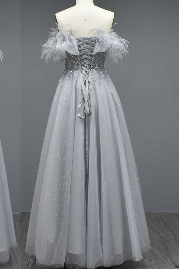 Elegant Long A-line Off the Shoulder Tulle Beading Formal Prom Dresses
