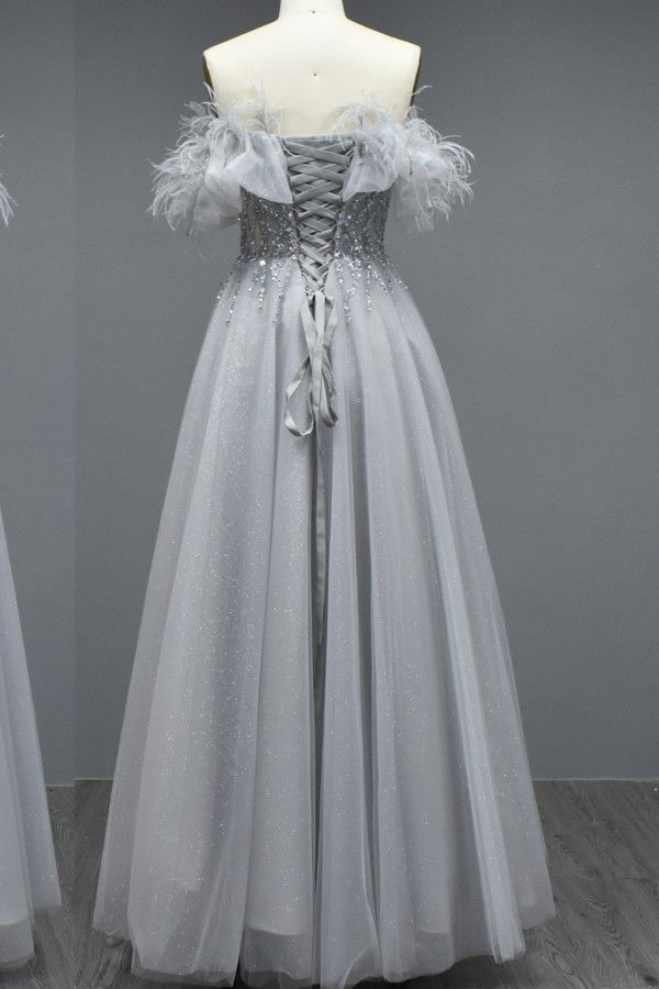 Elegant Long A-line Off the Shoulder Tulle Beading Formal Prom Dresses