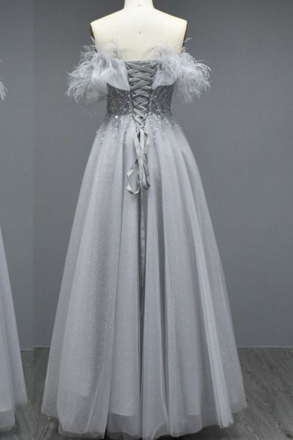 Elegant Long A-line Off the Shoulder Tulle Beading Formal Prom Dresses