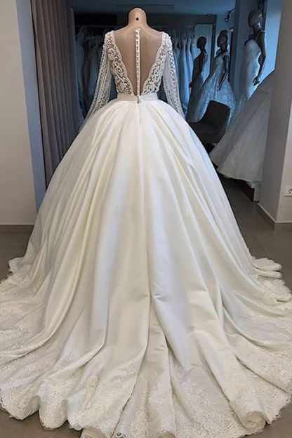 Long Sleeve V-neck Ball Gown Satin Tulle Wedding Dress