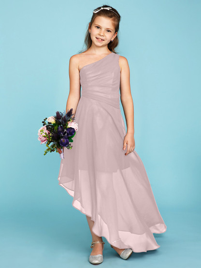 A-Line One Shoulder Asymmetrical Chiffon Junior Bridesmaid Dress With Side Draping / Wedding Party