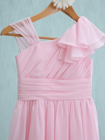 Sheath / Column Straps Knee Length Chiffon Junior Bridesmaid Dress With Ruffles / Side Draping / Natural