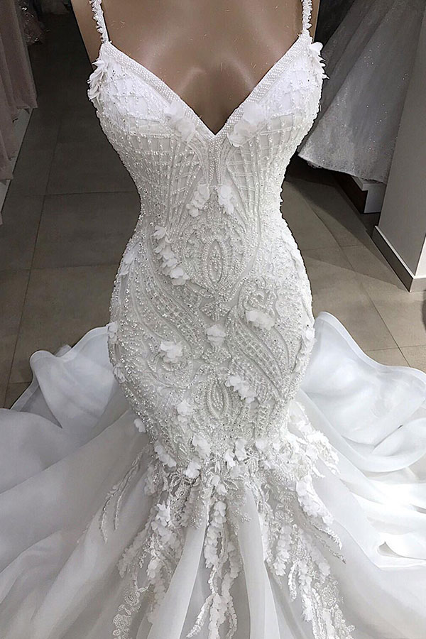 Long Spaghetti Strap Appliques Lace Backless Mermaid Wedding Dress