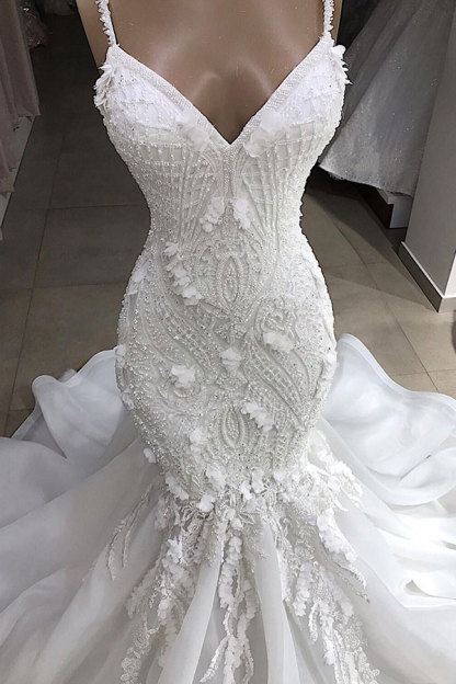 Long Spaghetti Strap Appliques Lace Backless Mermaid Wedding Dress