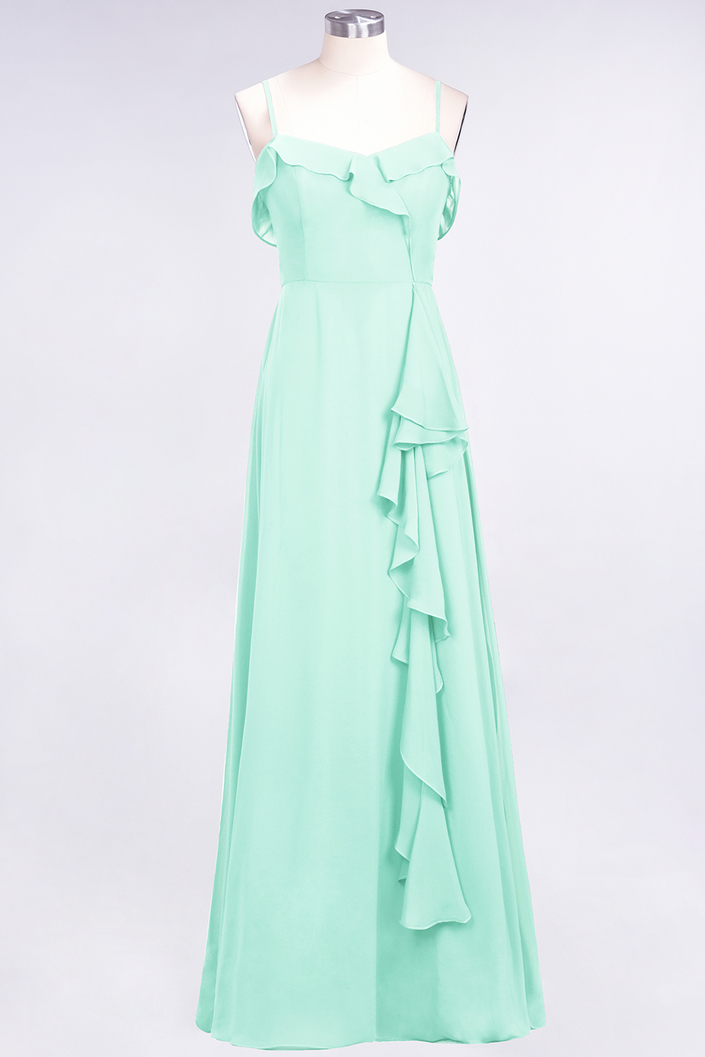 Spaghetti Straps A-Line Chiffon Backless Floor-length Prom Dress With Ruffles
