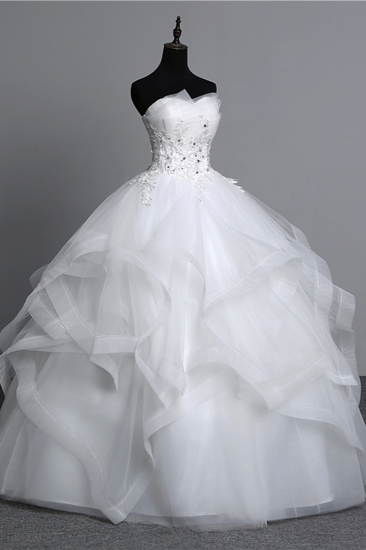 Gorgeous Long Ball Gowns Strapless Tulle Layers Wedding Dress Appliques Beadings