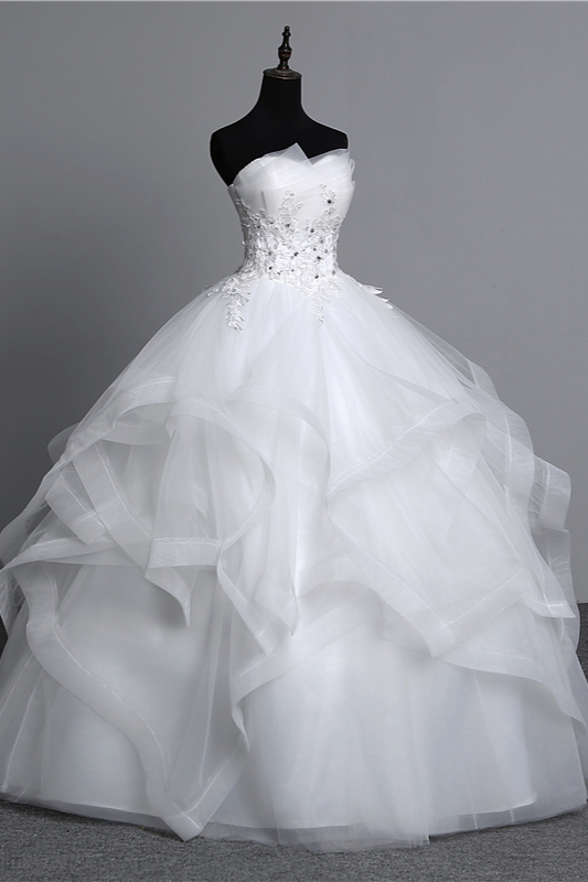 Gorgeous Long Ball Gowns Strapless Tulle Layers Wedding Dress Appliques Beadings