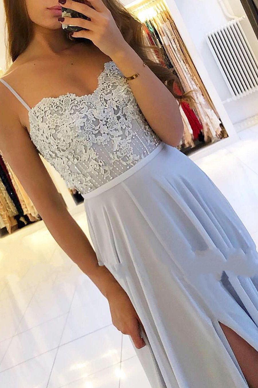 A-Line Spaghetti Straps Lace Floor-length Ruffles Prom Dress With Side Slit