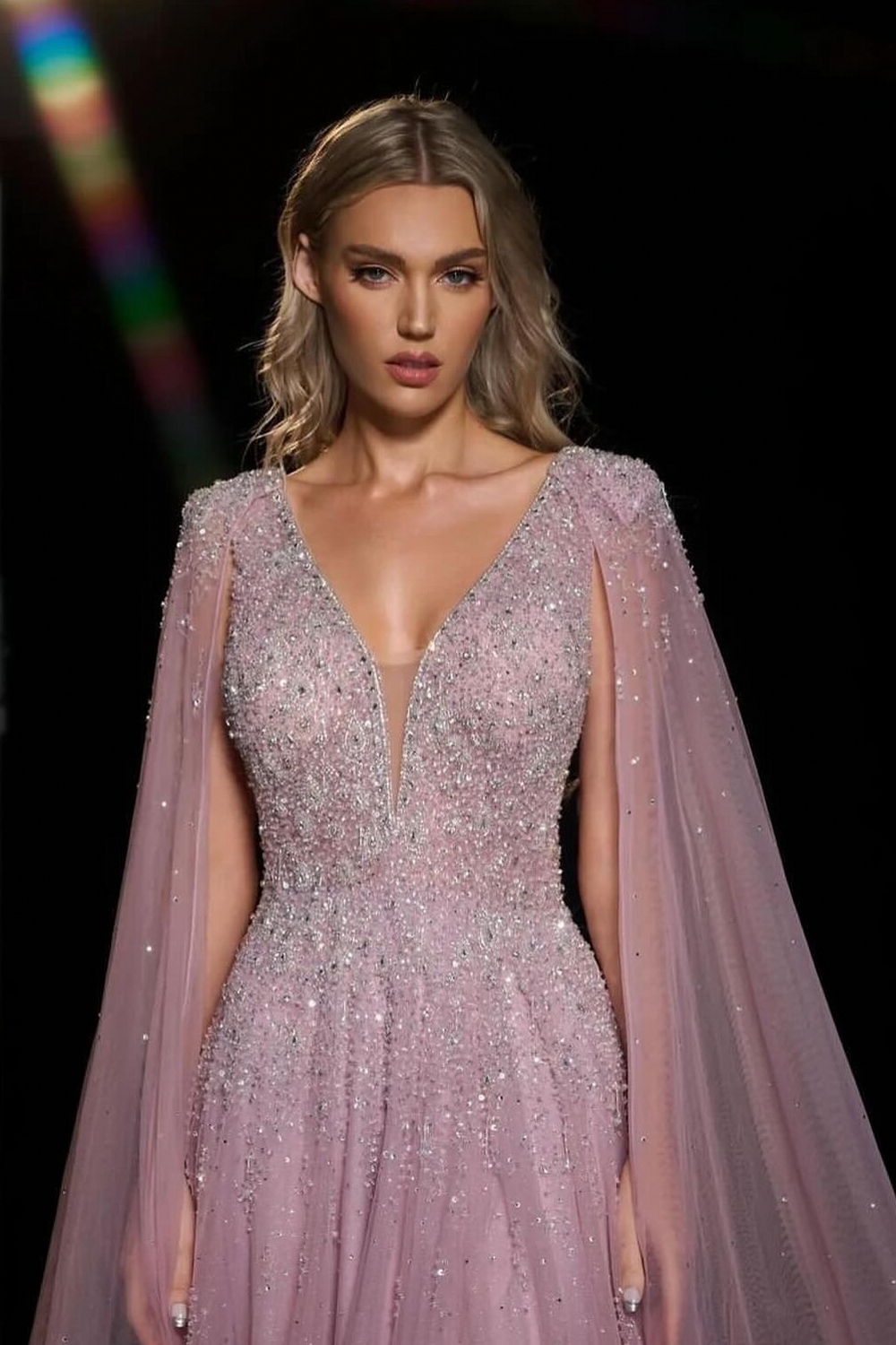 Sparkle Tulle V-Neck A-Line Prom Dress Watteau Train with Beads and Sequined