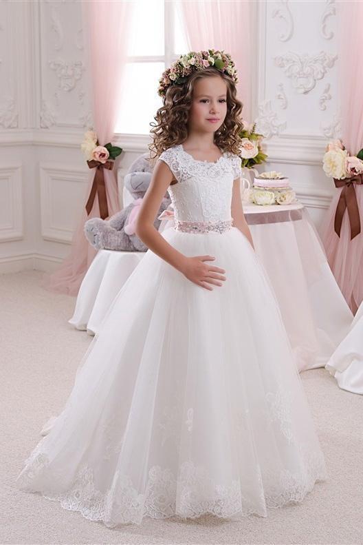 White Scoop Neck Short Sleeves Ball Gown Flower Girls Dress