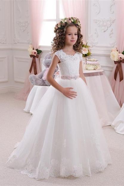 White Scoop Neck Short Sleeves Ball Gown Flower Girls Dress