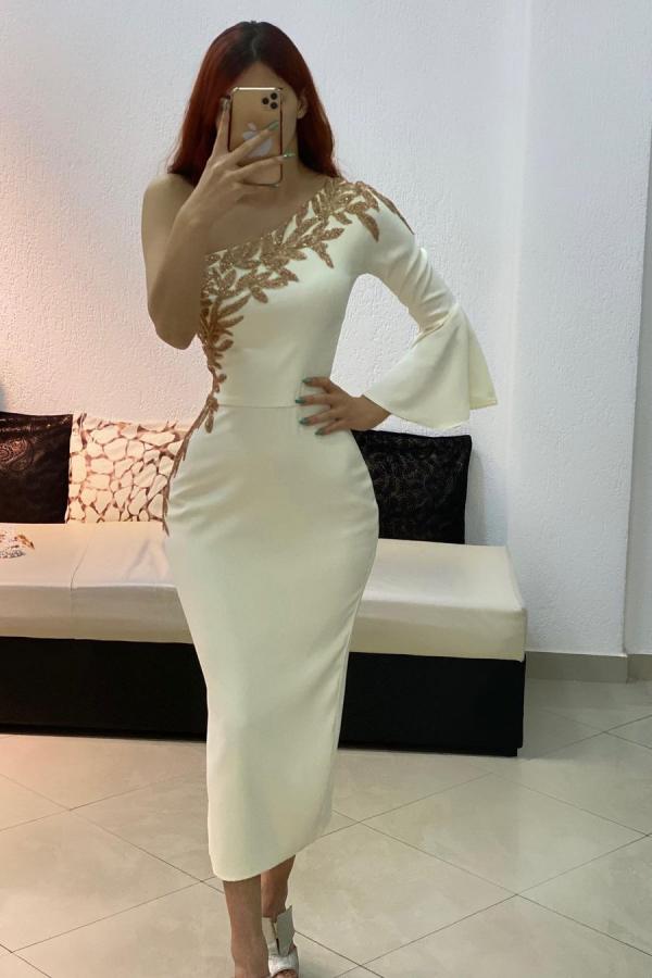 Mermaid One Shoulder Satin Formal Dress with Sleeves