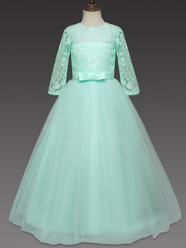 Princess Long Length Wedding / Party / Pageant Flower Girl Dresses - Lace / Tulle Half Sleeve Jewel Neck With Lace / Belt