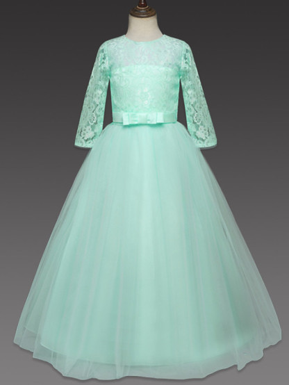 Princess Long Length Wedding / Party / Pageant Flower Girl Dresses - Lace / Tulle Half Sleeve Jewel Neck With Lace / Belt
